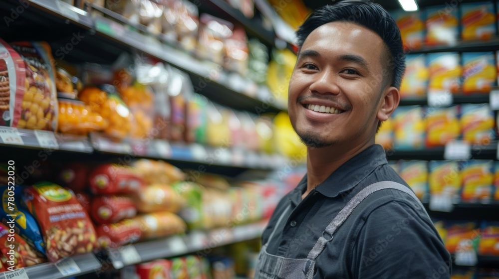 A smiling man in a black shirt and apron standing in a well-stocked grocery store aisle with a variety of snacks and chips on the shelves behind him.