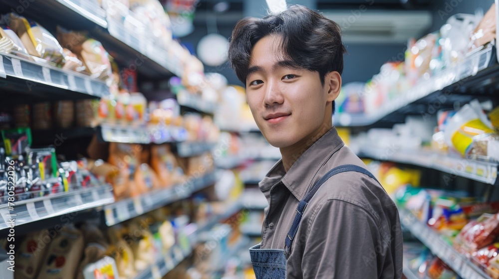 Young man with a smile wearing a grey shirt and suspenders standing in a well-stocked grocery store aisle with various food items.