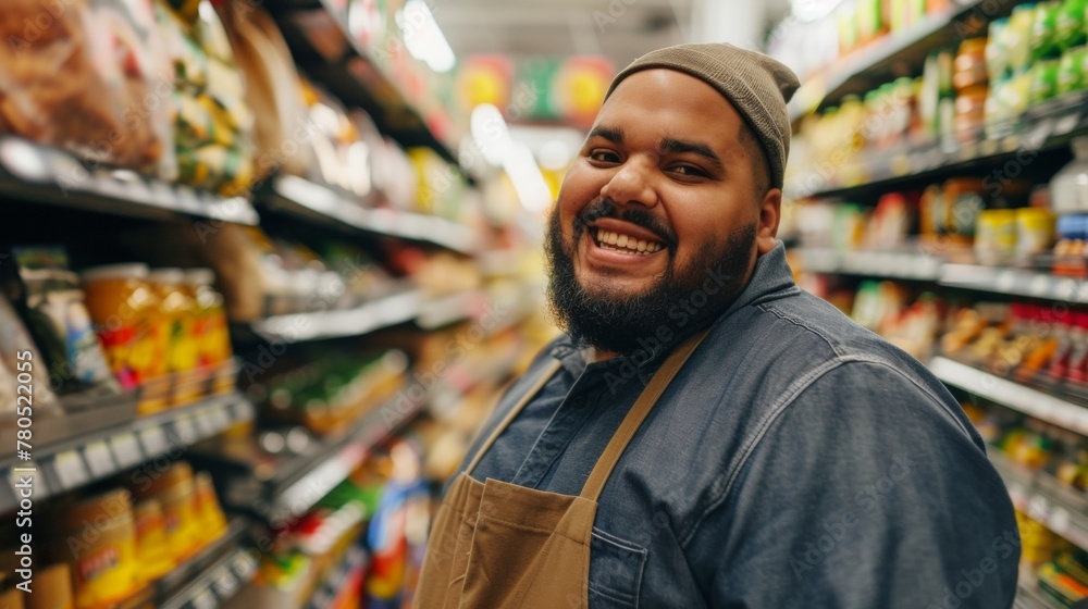 Smiling man in apron standing in aisle of a well-stocked grocery store.