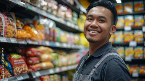 Wallpaper Mural A smiling man in a black shirt and apron standing in a well-stocked grocery store aisle with a variety of snacks and chips on the shelves behind him. Torontodigital.ca