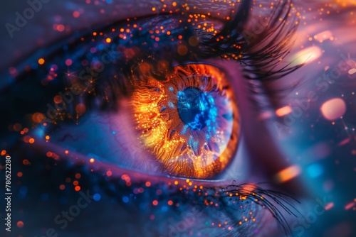Closeup of woman's eye with vibrant blue and orange glowing iris in striking detail and color contrast