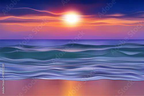 Summer tropical beach, sunset paradise landscape. Sea, ocean, waves, sky, sunset. Tropics. Design concept for travel, family vacation. Tropic beach background, wallpaper. Vector illustration