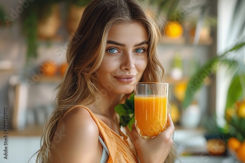 Female at home consuming citrus-flavored amino acid supplement. Ketogenic aid. Post-workout liquid meal. Slimming wellness nourishment regimen. Boosting immune system. Natural citrus beverage.