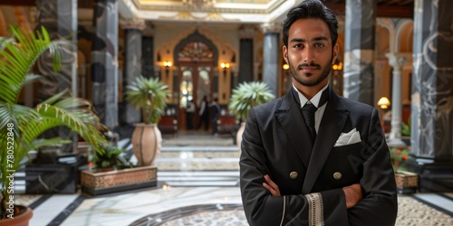 Youthful Indian bellhop in upscale hotel lounge. photo