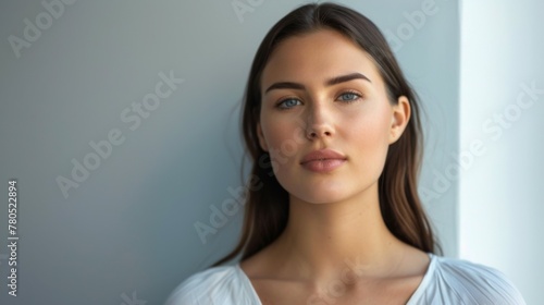 Portrait of a serene woman showcasing natural beauty and a confident gaze in a studio setting