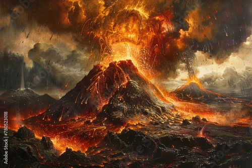 Volcanic eruption with lava and smoke photo