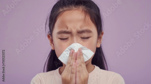 Young girl with closed eyes holding a tissue to her nose showing a sense of discomfort or sadness.
