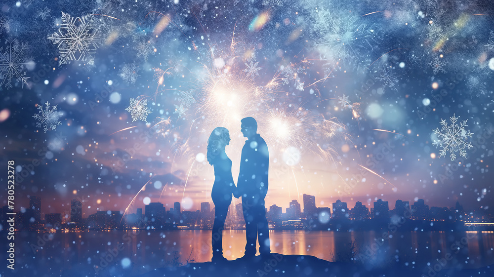 silhouette of a couple in love on the background of Christmas fireworks, abstract blurred background snowflakes winter holiday, newlyweds copy space blank