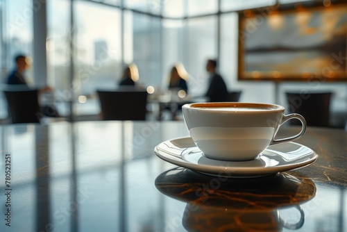 Coffee cup on table in front of window with people in background enjoying a relaxing moment
