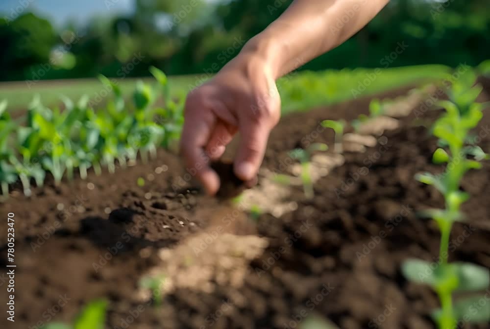 Close-up of a hand sowing seeds in rich, brown earth with young plants. Farming and ecology theme. Generative AI Close-up of a hand sowing seeds in rich, brown earth with young plants. Farming and ecology theme. Generative AI