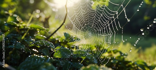 Nature's Delicate Tapestry: A Dew-Kissed Spiderweb Glistening in the First Light of Dawn, Capturing the Sublime Beauty of Morning Serenity and the Intricate Wonders of the Natural World © Being Imaginative