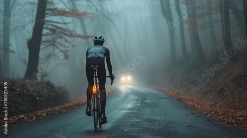 A cyclist in a helmet pedaling down a misty autumn-colored forest road with a car approaching from behind.