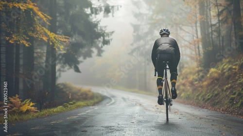 A cyclist in a black jacket and helmet riding a bicycle on a misty tree-lined road with autumn foliage.
