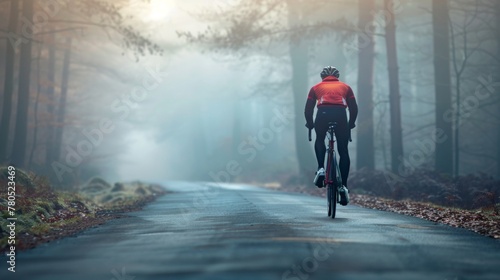 A cyclist in a red jacket and black pants ridinga bicycle on a misty tree-lined road.