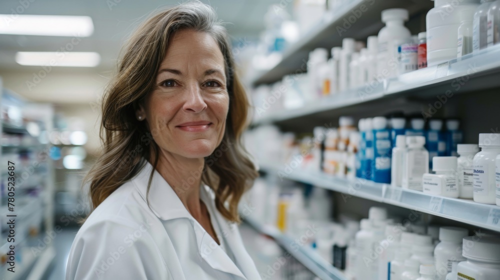 Smiling woman in white lab coat standing in front of a pharmacy shelf filled with various medications.