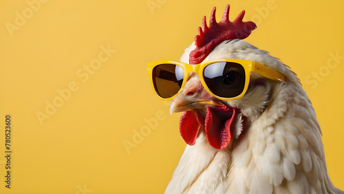 An animal rooster wearing sunglasses. copy space © Эля Эля
