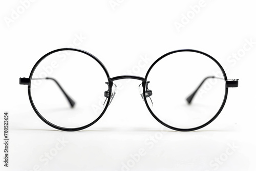 Street style oval prescription glasses with thin black metal frame, clear lens, isolated on white background