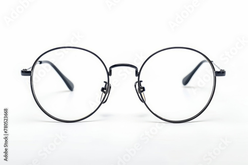 Street style oval prescription glasses with thin black metal frame, clear lens, isolated on white background