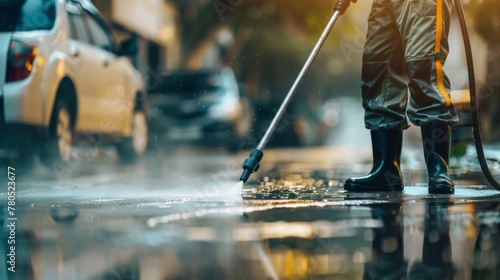 A person in a raincoat and boots using a high-pressure washer to clean a wet street. photo