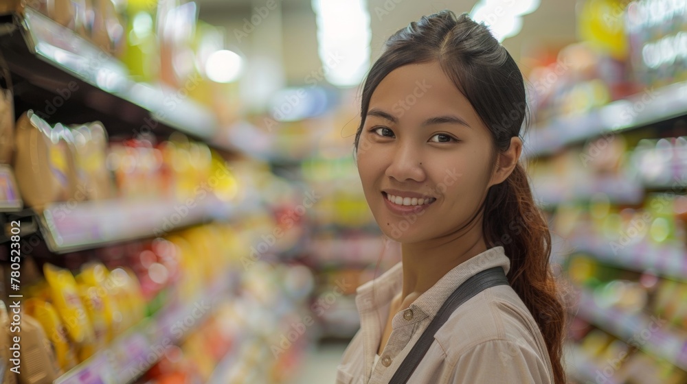 Smiling woman in supermarket aisle blurred background of shelves with various products.