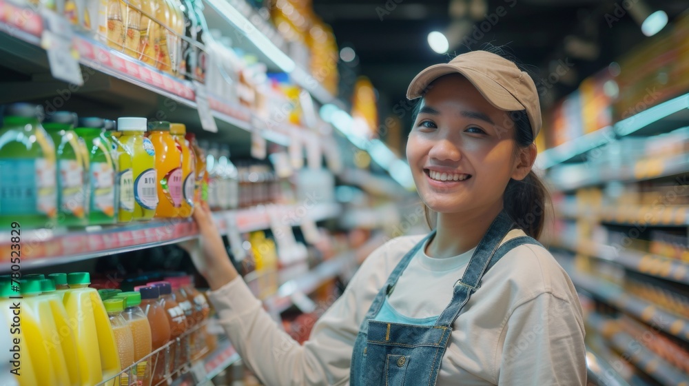 A smiling woman in a cap and overalls standing in a well-stocked supermarket aisle with various juice bottles.