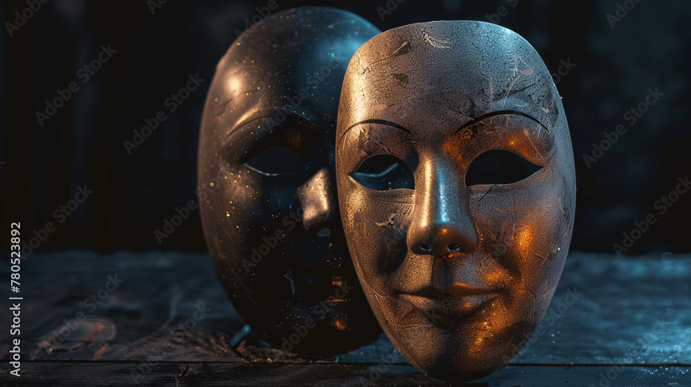 Two theatrical masks on dark background with copy space Two theatrical masks on dark background with copy space