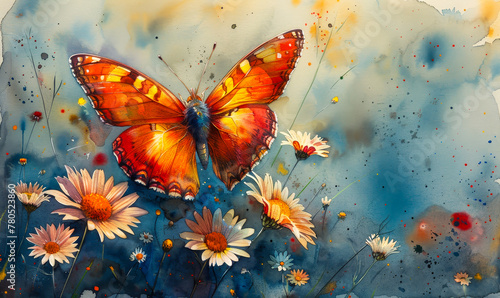 Vibrant Butterflies Adorning Daisy Blooms - Watercolor Floral Display with Tropical Touch