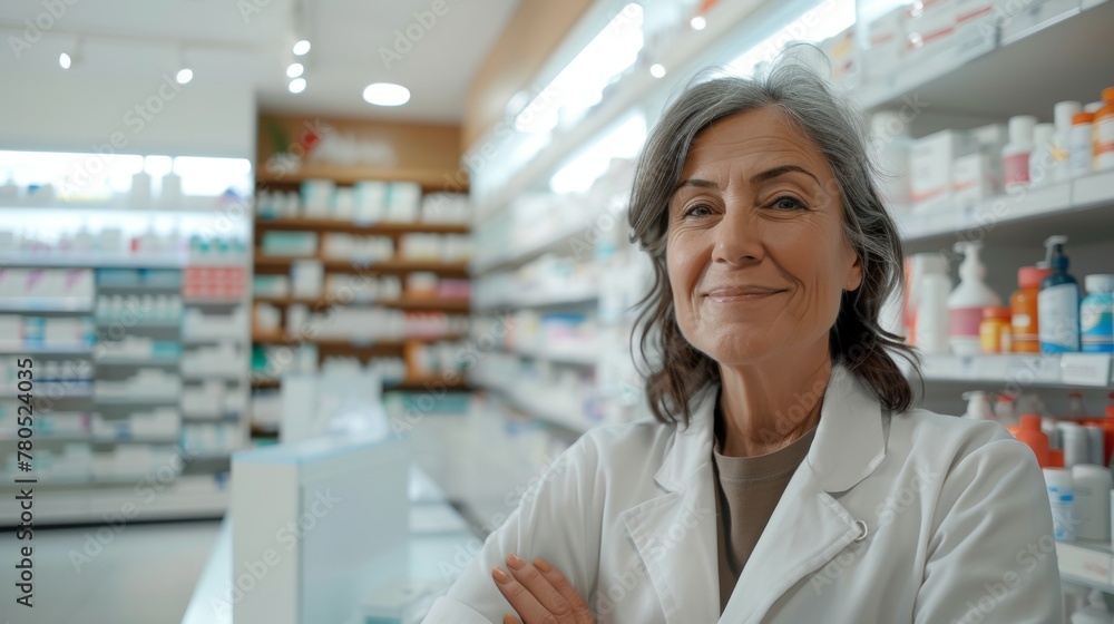 A smiling woman in a white lab coat standing in a pharmacy with shelves filled with various medications and health products.