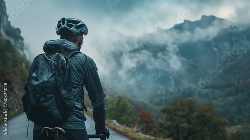 Man in helmet and backpack walking on mountain trail with foggy background.
