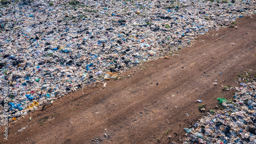 A pile of garbage in a landfill, aerial view. Concept of ecology.