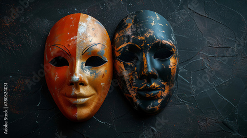 Two theatrical masks on dark background with copy space