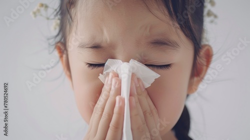 Young girl with closed eyes holding a tissue to her nose possibly indicating she is crying or sneezing.