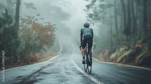A cyclist wearing a helmet and riding a bicycle on a foggy tree-lined road.