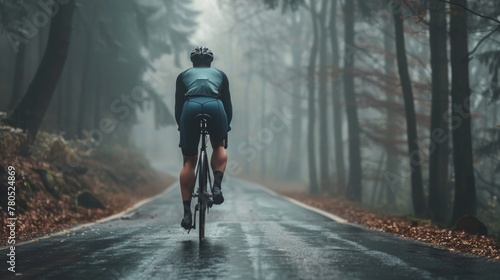 A lone cyclist pedaling down a misty wet forest road surrounded by tall trees and fallen leaves with a sense of solitude and tranquility.
