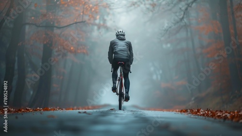 A solitary cyclist in a gray jacket and helmet riding a red bicycle pedaling down a misty autumnal forest path surrounded by fallen leaves and towering trees.