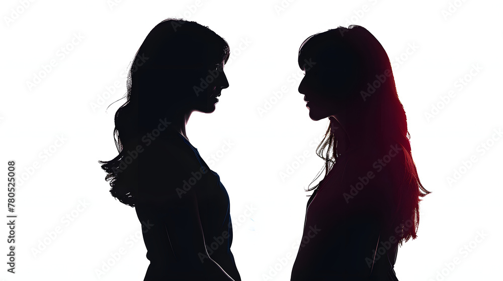 Silhouette. Two girls stand with their backs to each other on a white background.