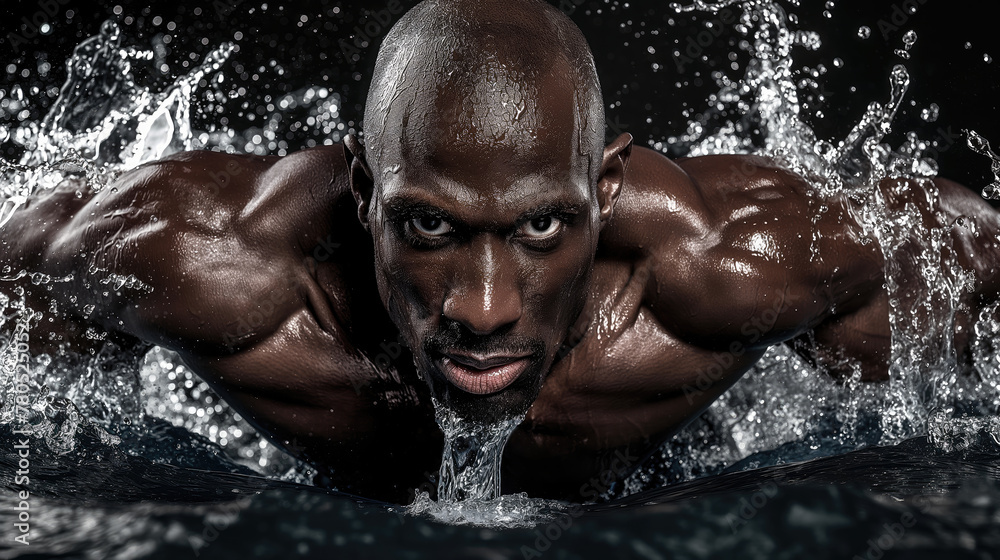 Fototapeta premium Swim Strong, Muscular Black Man Swimming and Splashing Water, Strength and Grace, Generative AI