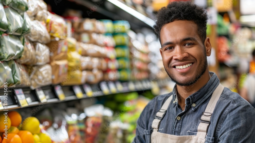 A smiling man in a blue shirt and apron standing in a well-stocked grocery store aisle with various packaged goods and fresh produce.
