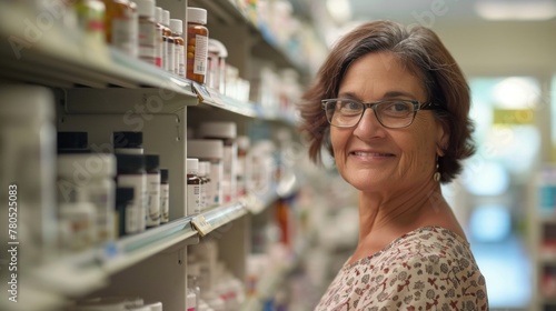 Woman with glasses smiling in pharmacy aisle.