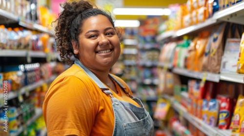 A smiling woman in an orange shirt and denim apron standing in a grocery store aisle with various packaged goods.