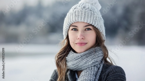 Portrait of a young woman in winter with beanie and scarf against a snowy forest backdrop