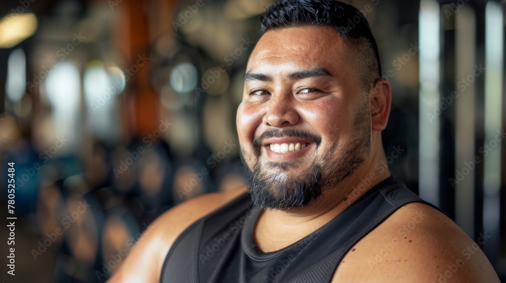 Smiling man with beard and short hair wearing black tank top standing in gym with blurred background. Smiling man with beard and short hair wearing black tank top standing in gym with blurred background.