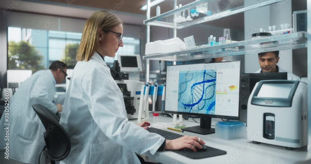 Caucasian Female Scientist Working on a Desktop Computer, Analyzing DNA Samples. Specialist Using a Gene Sequencing Software. Advanced Biotechnology Lab in a Medical Research and Development Center Caucasian Female Scientist Working on a Desktop Computer, Analyzing DNA Samples. Specialist Using a Gene Sequencing Software. Advanced Biotechnology Lab in a Medical Research and Development Center