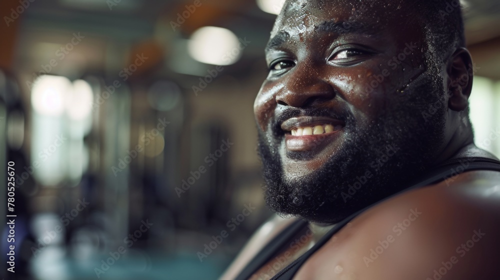 A man with a beard smiling and sweating wearing a tank top in a gym setting. A man with a beard smiling and sweating wearing a tank top in a gym setting.