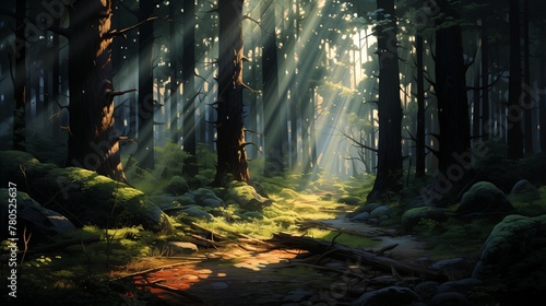 Sunlight filtering through a dense forest canopy  casting intricate shadows on the forest floor.