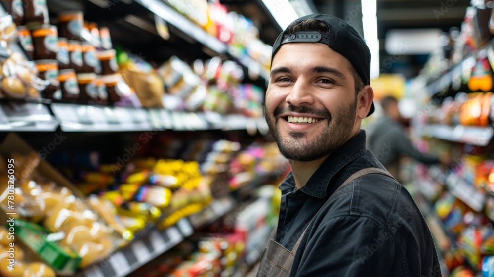 A smiling man in a black cap and apron standing in a well-stocked grocery store aisle with various food items on the shelves. A smiling man in a black cap and apron standing in a well-stocked grocery store aisle with various food items on the shelves.