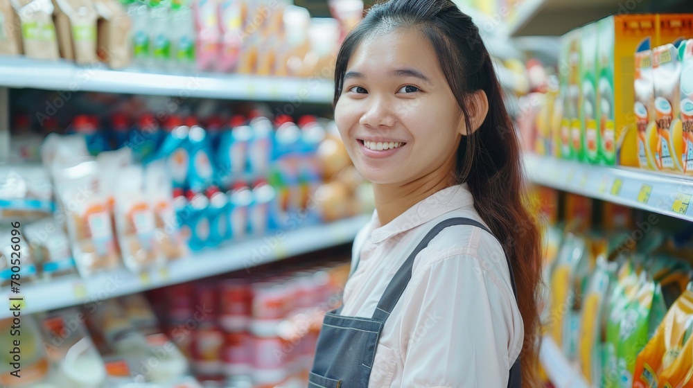 A cheerful young woman in a white shirt and apron standing in a grocery store aisle with a variety of products.