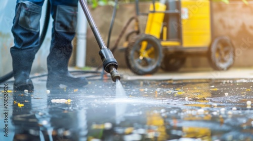 Man in protective gear using high-pressure washer to clean pavement.