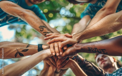 The concept of working together, friends and colleagues joining hands together in the air, close-up