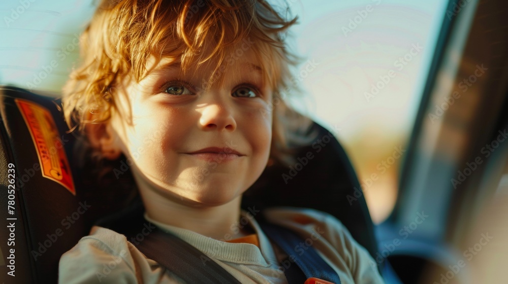 A young child with curly hair wearing a car seat looking out the window with a curious expression.